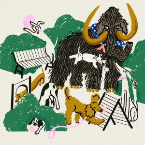A number of extinct animals, like the woolly mammoth, cavort in a park